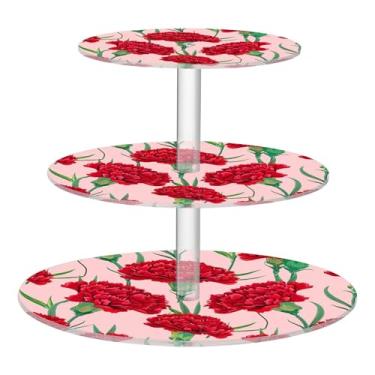 Imagem de Suporte de cupcake Tea Party com 3 camadas de flores vermelhas cravo rosa para exibição de copo torre de bolo, suporte de aniversário, bandejas de servir, mesa de doces, suporte de exibição rosa