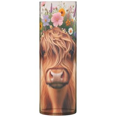 Imagem de Vaso de flores de vaca Highland com cilindro de bezerro floral para mesa, vaso de plástico grande personalizado, peças centrais de mesa com estampa floral, 30 cm x 9,9 cm