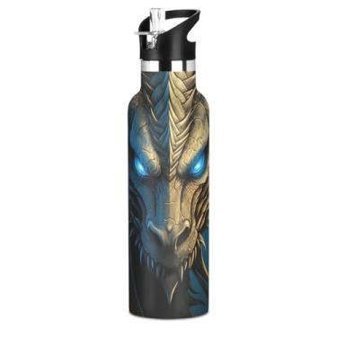 Imagem de Joisal Garrafa de água de aço inoxidável para meninas para escola, dragão azul-marinho preto, 590 ml, parede dupla, vácuo, garrafa de água livre de BPA, copos infantis isolados com tampa de canudo