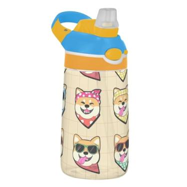 Imagem de Garrafa de água Tritan de 473 ml com canudo para crianças, meninas, meninos, garrafa de água esportiva reutilizável de 473 ml, copo portátil à prova de vazamento, alça de transporte, cachorro Shiba