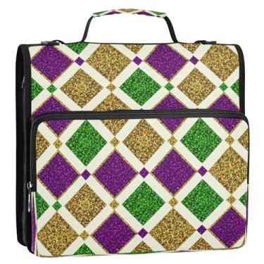 Imagem de Organizador de fichário de ouro com diamante xadrez, bolsa de 3 anéis com zíper de 3 anéis, grande suporte de pasta com alça de ombro para escola, escritório, armazenamento de documentos de viagem