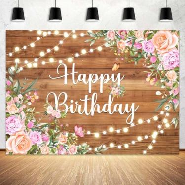 Imagem de Fundo de feliz aniversário, borboleta de madeira rústica, luzes com glitter, pôster floral rosa, suprimentos de festa, fundo de foto para mulheres, fundo de decoração de festa floral rosa para meninas