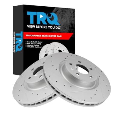 Imagem de TRQ Conjunto de rotores de freio dianteiro de desempenho premium G-Coated Slotted X Drilled Compatível com 17-20 A4 A4 allroad A4 Quattro 18-20 A5 Quattro A5 Sportback 19-20 A6 Quattro Q5