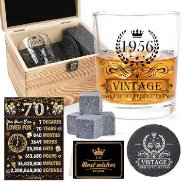 Imagem de Deorfuy Presentes de aniversário de 70 anos para homens, presentes de 70 anos para pai, marido, conjunto de copos de uísque vintage 1956 com caixa de madeira, cartão de aniversário de pôster de 1956