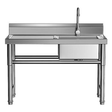 Imagem de Pia de tigela única grande, de aço inoxidável independente, conjunto de pia de cozinha de restaurante comercial, pia industrial, com torneira, drenagem, pia externa (120 cm/47 pol),