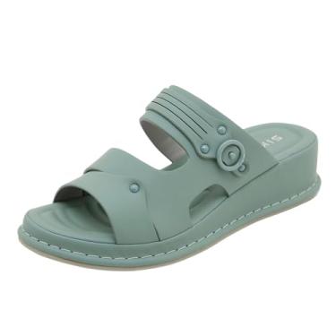 Imagem de Pantufas femininas lisas com boca de peixe sem cadarço, casual, com palmilha macia, leve para relaxamento interno, Verde, 38
