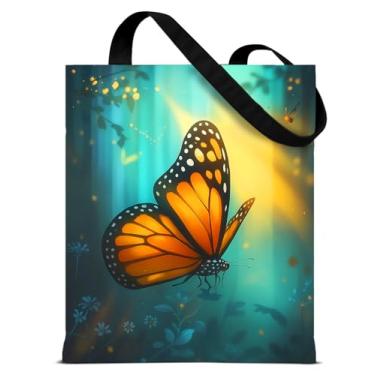 Imagem de QYCFDXD Bolsa feminina de lona de borboleta da floresta de fantasia para mulheres, bolsa de ombro reutilizável e estética excêntrica para compras, compras, viagens, trabalho, praia, totes