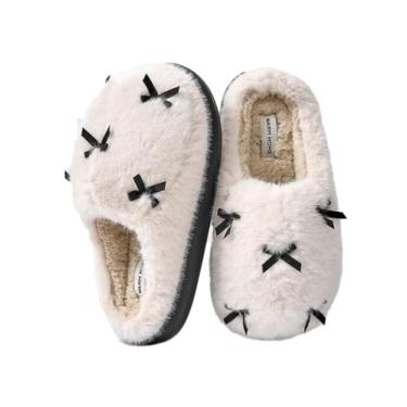 Imagem de Uewidiod Pantufas femininas fofas de pelúcia para casa com nó de borboleta de algodão confortável com fundo grosso para uso ao ar livre para o inverno, Off-white, 5-6 Women/4.5-5 Men