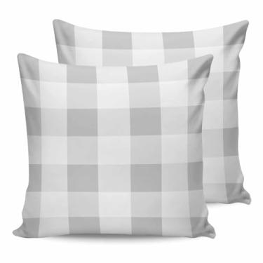 Imagem de HilariousM Pacote com 2 capas de almofada cinza xadrez de búfalo ao ar livre à prova d'água 45,7 x 45,7 cm, capas decorativas de poliéster xadrez cinza para decoração de sofá de pátio