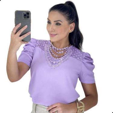 Imagem de Blusa Feminina Social Evangelica Renda Manga Bufante Cor:LavandaTamanh
