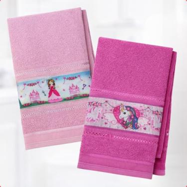 Imagem de KIT 2 Toalhas de Banho Infantil Felpuda Para Criança Com Faixa Decorada (Menina - Rosa Princesa e Pink Unicórnio)