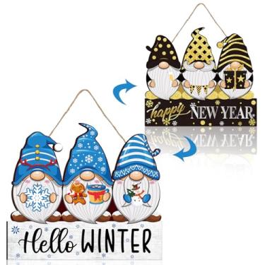 Imagem de ZhowHoHo Placa de Gnomo de Porta Reversível Olá Inverno/Feliz Ano Novo Decoração de Porta de Entrada de Casa de Inverno Decoração de Parede de Madeira Suspensa Reversível para Vara (, Inverno)