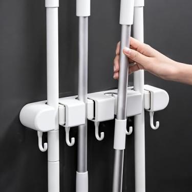 Imagem de Suporte de parede para vassoura e esfregão – Organizador de armazenamento resistente com 4 prateleiras e 5 ganchos para garagem, lavanderia e armário utilitário, gancho de ferramentas que economiza