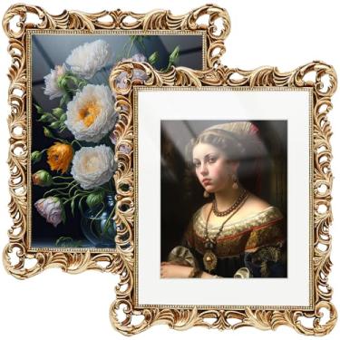 Imagem de Lineshading 2 porta-retratos vintage, 38 x 45 cm, moldura ornamentada antiga para fotos de 28 x 35 cm ou 20 x 25 cm, com tapete branco para decoração de casa (dourado, estilo elegante)