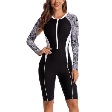 Imagem de HISETPFDE Maiô feminino de manga comprida com proteção contra erupções cutâneas, roupa de banho para surfe, roupa de banho boyshort FPS 50+, 618073 Preto, M