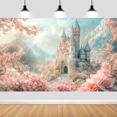 Imagem de Pano de fundo de castelo de conto de fadas encantado de 2,1 x 1,5 m, pano de fundo de flor de cerejeira rosa com castelo de pináculo azul claro e cenário de montanha nevada, adereço de cabine de fotos