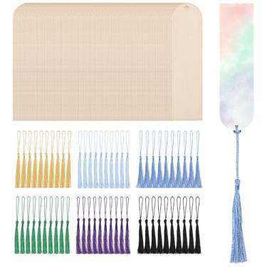 Imagem de GLOBLELAND 60 marcadores de livro de madeira em branco com 60 peças, 6 cores, borlas, artesanato, faça você mesmo, kit de marcadores de livro de madeira inacabada para decoração de aniversário e