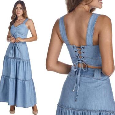 Imagem de Conjunto Jeans HNO Saia Longa e Cropped Azul Claro Premium - HNO Jeans