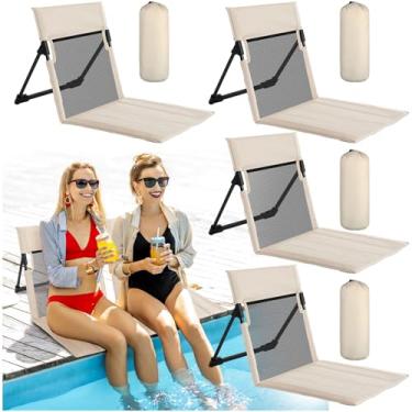 Imagem de Karenhi 4 cadeiras de piscina dobráveis portáteis para beira da piscina oferecem suporte traseiro com bolsa de transporte, assento dobrável para acampamento na praia, piquenique, gramado (bege, estilo