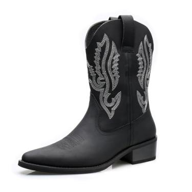 Imagem de Botas masculinas bordadas, bico fino, salto bloco, sem cadarço, cano médio, estilo caubói, botas de couro sintético, Preto, 40 BR