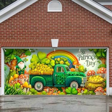 Imagem de Decoração de faixa de porta de garagem, grande decoração de capa de páscoa interna externa para casa, pano de fundo de festa de férias à prova d'água para varanda, quintal, parede (caminhão duende