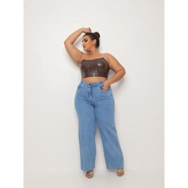 Imagem de Calça Jeans Feminina Plus Size Cintura Alta Azul Clara Sky Wideleg