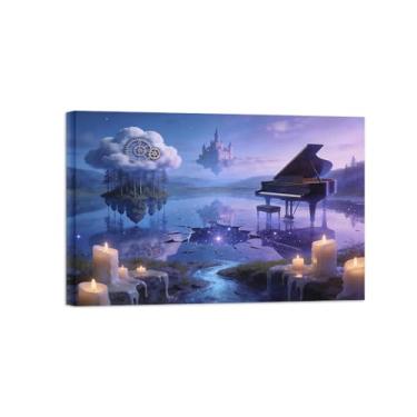 Imagem de BMZFYBS Impressão em tela de arte de parede de surrealismo - Piano no lago - Pintura de decoração de paisagem - Imagens para sala de estar pronta para pendurar tela emoldurada de 30 x 45 cm 12 x 18