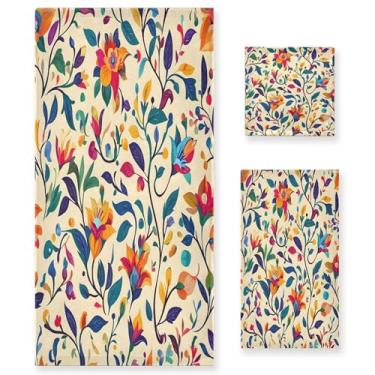 Imagem de xigua Conjunto de toalhas de banheiro de flores coloridas absorvente macio toalha de banho de 3 peças toalha de mão toalhas decorativas para banheiro, academia, hotel, praia, piscina