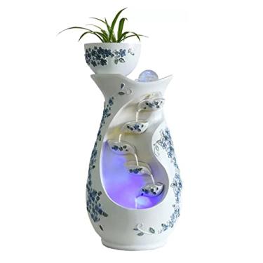 Imagem de Fonte de água, interior, mesa, mesa, fonte de água, fundo branco, flores azuis, vasos de resina em camadas, elegante, interior, fonte decorativa para casa e escritório