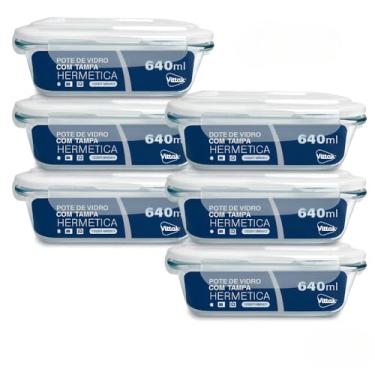 Imagem de Vittak Kit 10 Potes de Vidro Hermético Retangular com Tampa 640ml Borossilicato Com 4 Travas