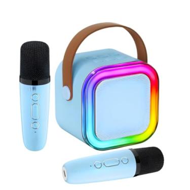Imagem de Caixa de Som Karaokê Bluetooth Portátil com LED e 2 Microfones Sem Fio | USB TF AUX | Bateria Recarregável (Azul)