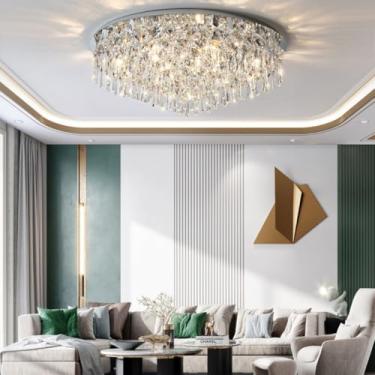 Imagem de Luminária de teto moderna com cristais, lustre de embutir em aço inoxidável com elegante cúpula de cristal K9 para sala de estar, quarto, sala de jantar e corredor (80 cm - E14*12)