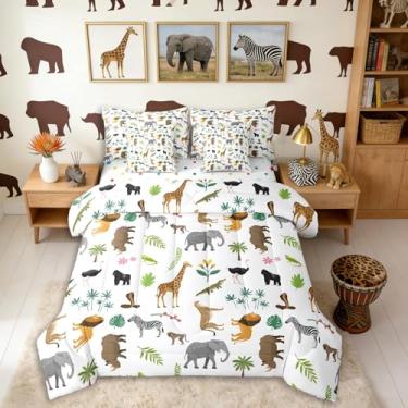 Imagem de Erosebridal Conjunto de edredom solteiro com leão, elefante zebra, jacaré, girafa, 7 peças, orangotang, cobra e rinoceronte, com folhas de palmeira selvagem, decoração de quarto de animais selvagens