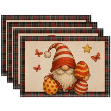 Imagem de HOMETITUTE Jogo americano de linho de páscoa, conjunto de 4 tapetes de mesa com estampa de ovo de gnomo de 30,5 x 45,72 cm para jantar, decoração de cozinha de fazenda, tapete de mesa para uso ao ar