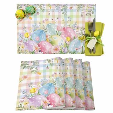 Imagem de Jogo americano de Páscoa, conjunto com 6, ovos de coelho para decoração de mesa de jantar, tapetes de mesa de linho de algodão, tapetes de mesa xadrez de búfalo colorido de flor da primavera para