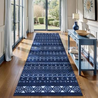 Imagem de SERISSA Tapete de corredor de corredor, tapete boho lavável antiderrapante azul e branco, macio de pelo baixo, geométrico, para uso interno, para cozinha, lavanderia, banheiro