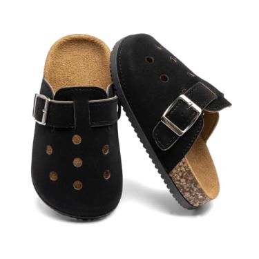 Imagem de Sandália infantil com design perfurado, fivela ajustável, palmilha de cortiça, confortável, salto aberto, calçado casual, Preto, 12.5 Little Kid