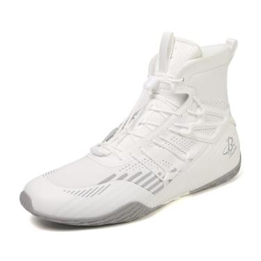 Imagem de B LUCK SHOE Tênis de boxe masculino, leve, de cano alto, com cordão – Calçado de ginástica de suporte para lutadores LS508, Branco/cinza, 34 BR