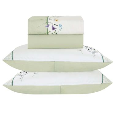 Imagem de Jogo de Cama Lençol Casal Bouquet Percal 300 Fios 4 Peças - Verde