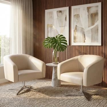 Imagem de Poltrona Sala Decorativa Kit 2 Stella Giratória Cromada Sintético PU Bege D03 - D'Rossi