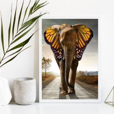 Imagem de Quadro Elefante Asas Borboleta 24x18cm - Madeira Branca