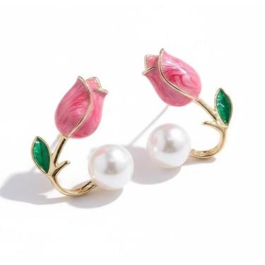 Imagem de Brinco Feminino Rosa Perola Delicado Moda Fashion Dourado - Lojas La+N