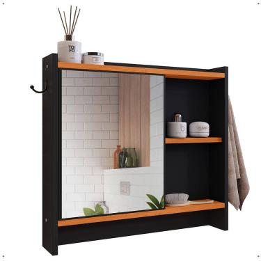 Imagem de Espelheira Genova Armário Suspenso Gancho Prateleira Organizadora Armarinho Banheiro Preto/Cinamomo