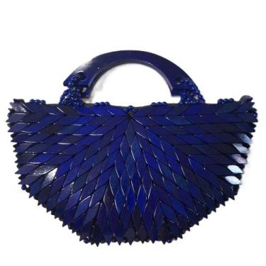 Imagem de Bolsa Madeira Azul Meia Lua Mão Corte Reto 29cm x 16 cm - Ideias by Sa