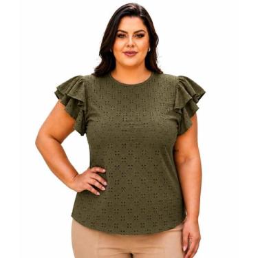 Imagem de Blusa Plus Size Feminina Manga Curta 2 babadinho Lese Elastano - Verde