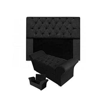 Imagem de Kit Cabeceira Mirage e Calçadeira Baú Veneza Queen 160 cm Suede Preto - DL Decor