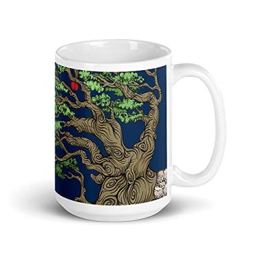 Imagem de Caneca de ioga Zen Budista Japonesa Árvore Bonsai no círculo Blue Zen