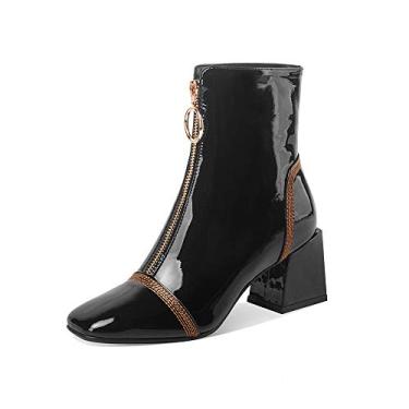 Imagem de TinaCus Bota feminina de couro envernizado bico quadrado feito à mão com zíper frontal salto médio grosso na moda, Preto, 10.5