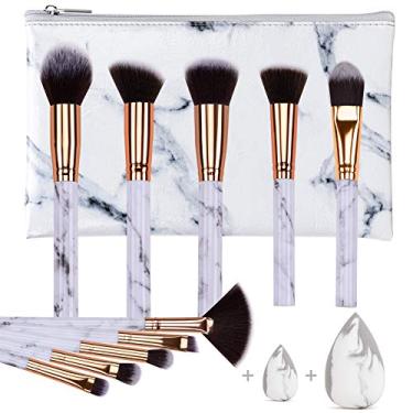 Imagem de HEYMKGO Conjunto de pincéis de maquiagem profissional de mármore, cerdas sintéticas naturais macias e sem odor, 10 pincéis de maquiagem + 2 esponjas de maquiagem + bolsa de cosméticos