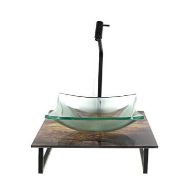 Imagem de KIT CUBA DE VIDRO QUADRADA 10MM INCOLOR COM TAMPO DE VIDRO 40CM X 40CM MADEIRA RUSTICA E SUPORTE PRETO